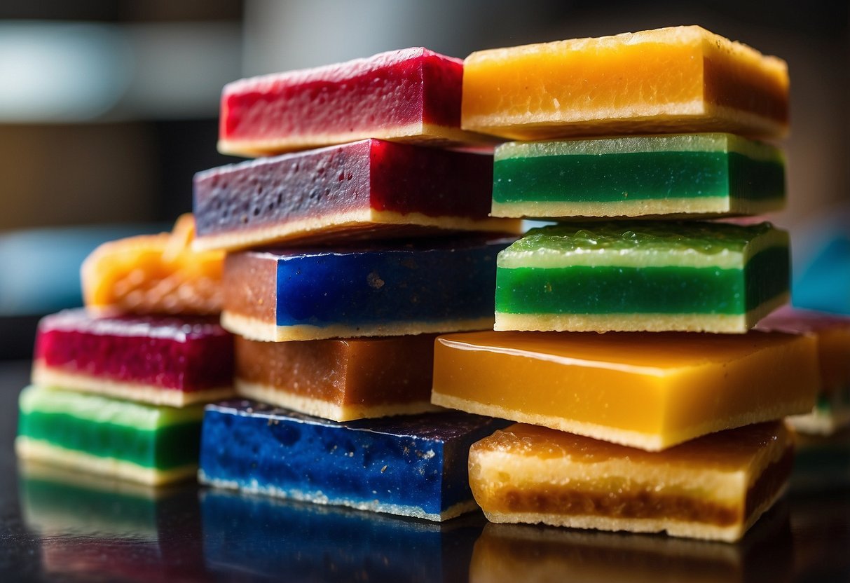 A colorful stack of kueh lapis Singapore, with alternating layers of vibrant colors and a glossy finish