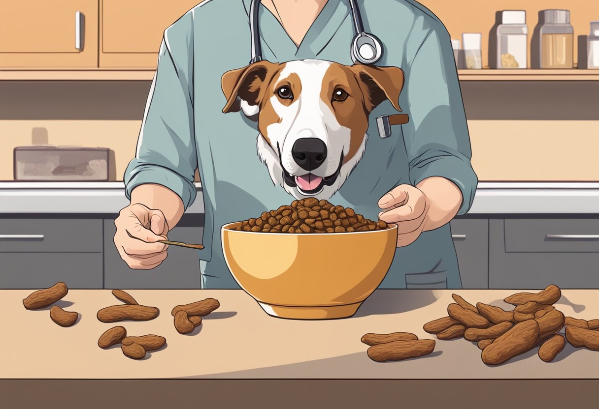 A dog eagerly eats tamarind from a bowl, tail wagging. A veterinarian looks on approvingly, holding a bag of tamarind treats.