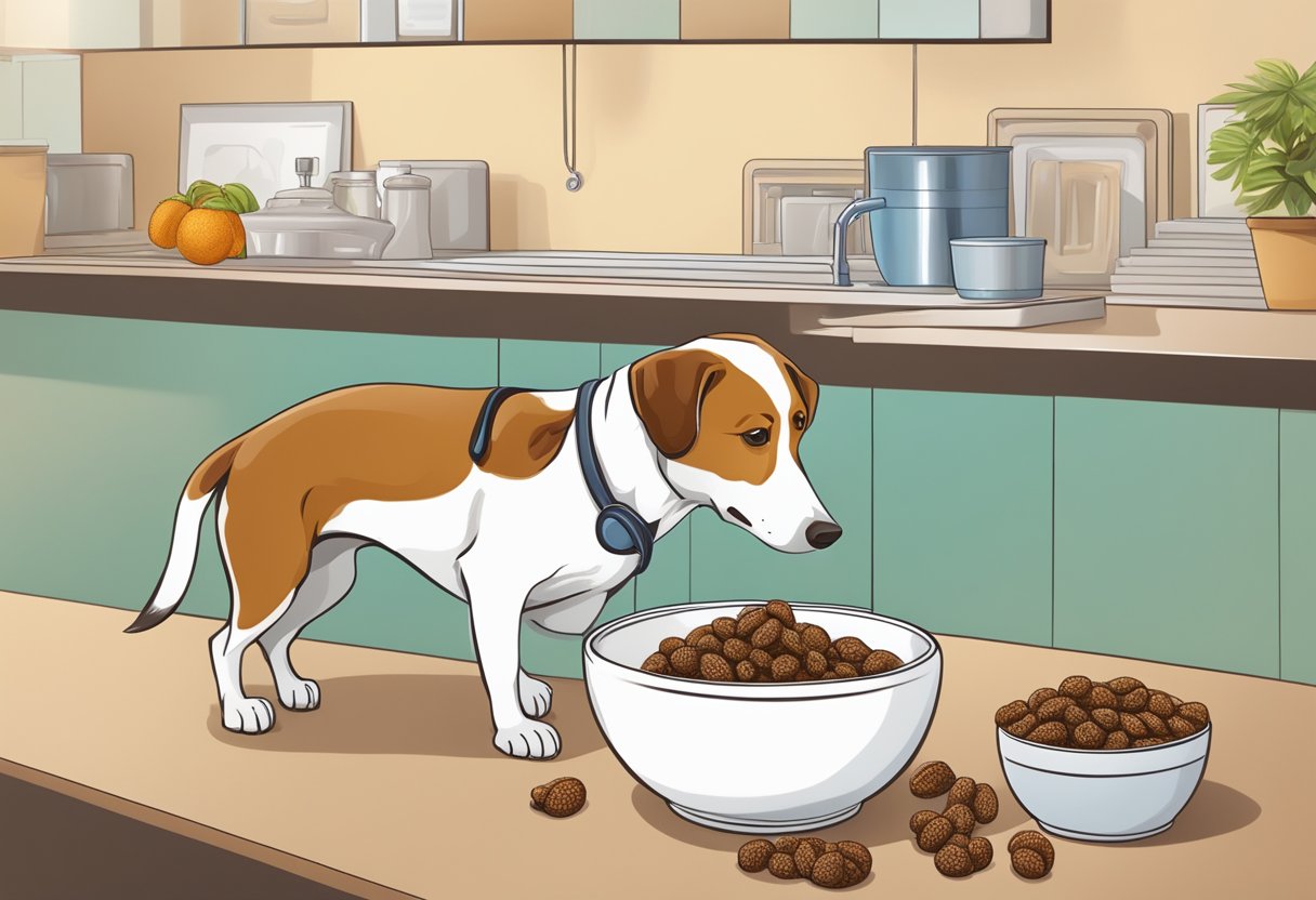 A veterinarian examines a dog near a bowl of tamarind fruit.