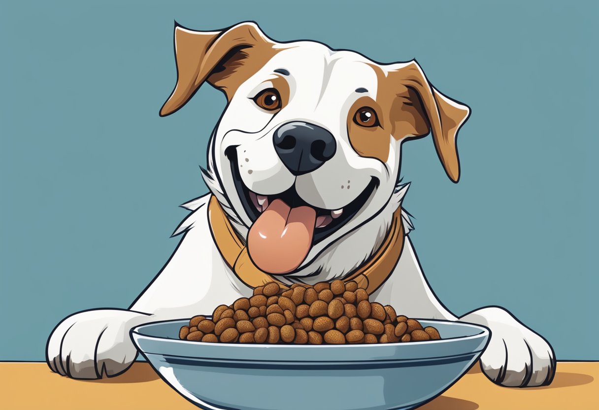 A happy dog eagerly eating tamarind from a bowl, with a questioning expression on its face.