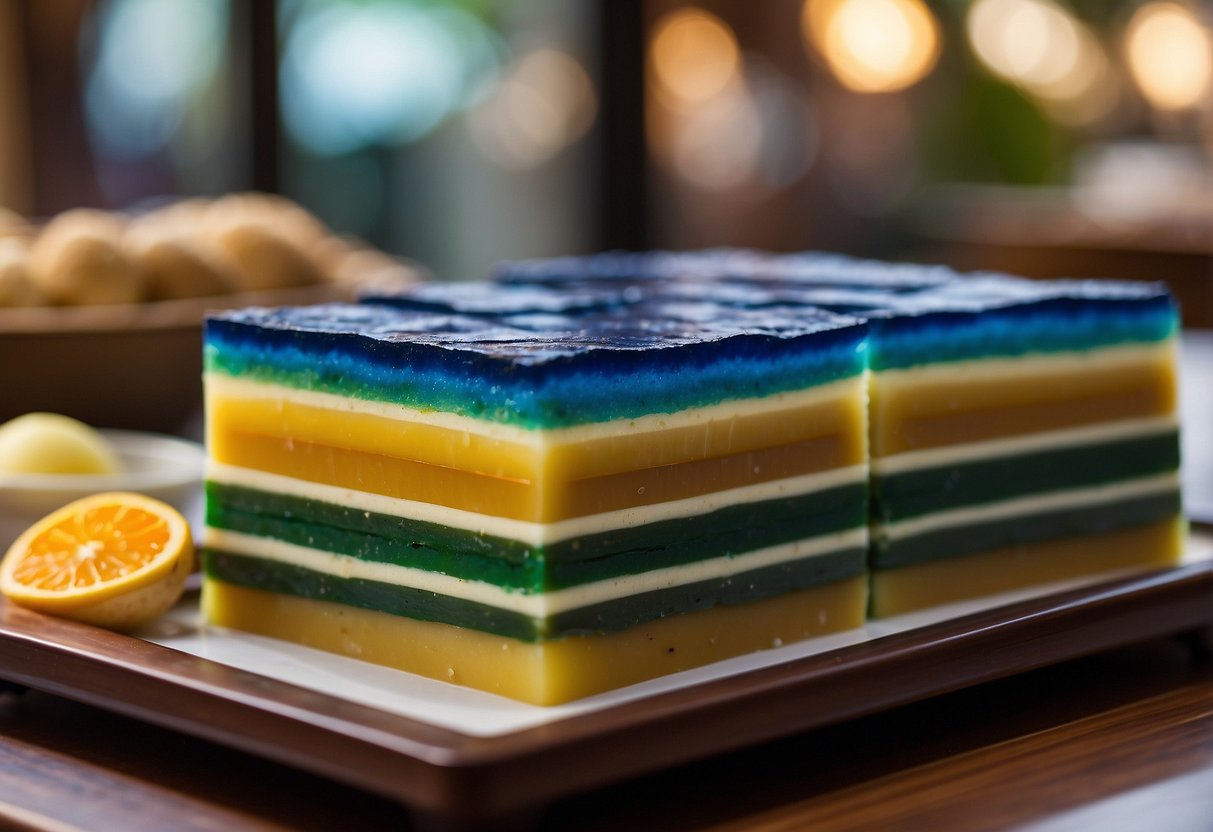 A table displays layers of colorful kueh lapis, a traditional Singaporean cake. Nearby, a sign reads "History and Origin of Kueh Lapis Singapore."