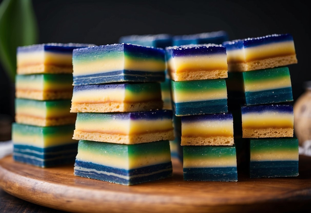 Layers of colorful kueh lapis being carefully stacked, showcasing the intricate patterns and different flavors
