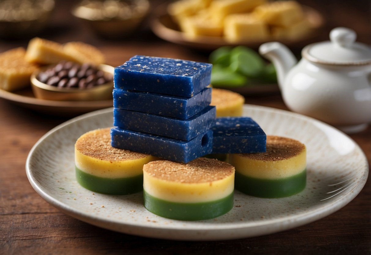 A stack of colorful kueh lapis slices on a plate with a "Frequently Asked Questions" sign in the background