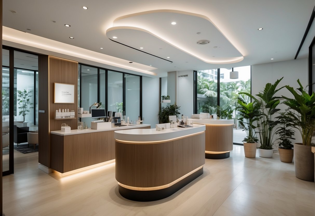 A bright and modern skincare clinic in Singapore, with sleek branding and professional staff