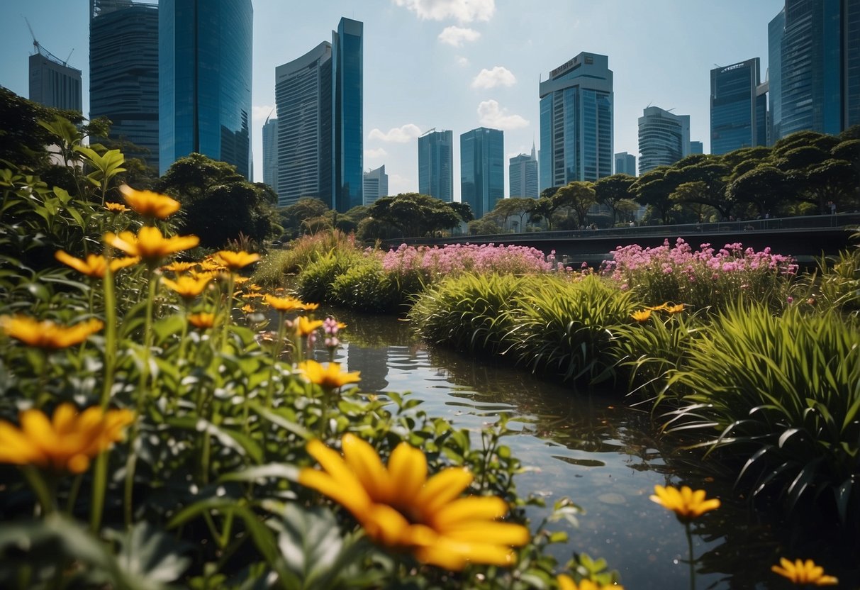 Brightly colored flowers bloom in a lush park, with a clear blue sky and the sun shining. A serene river flows through the city, reflecting the vibrant greenery and modern buildings of Singapore