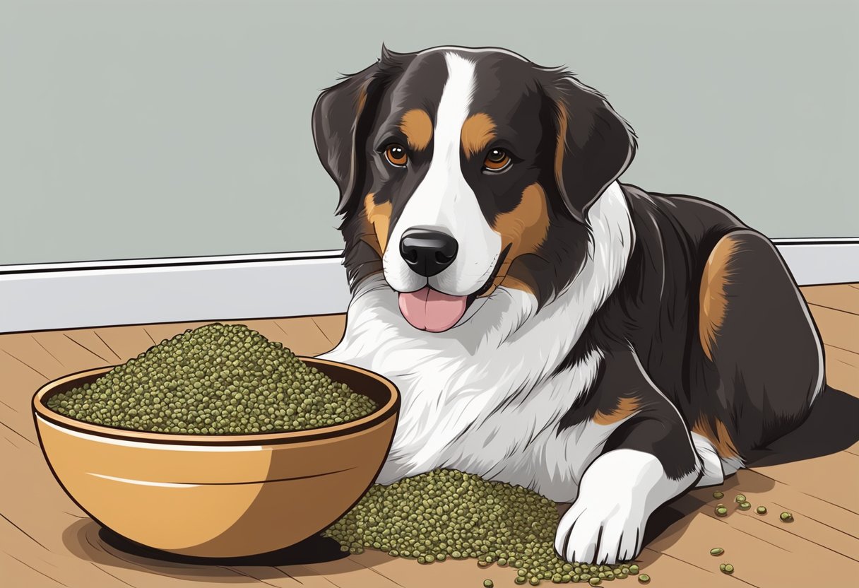 A dog eagerly eats hemp seeds from a bowl on the floor.