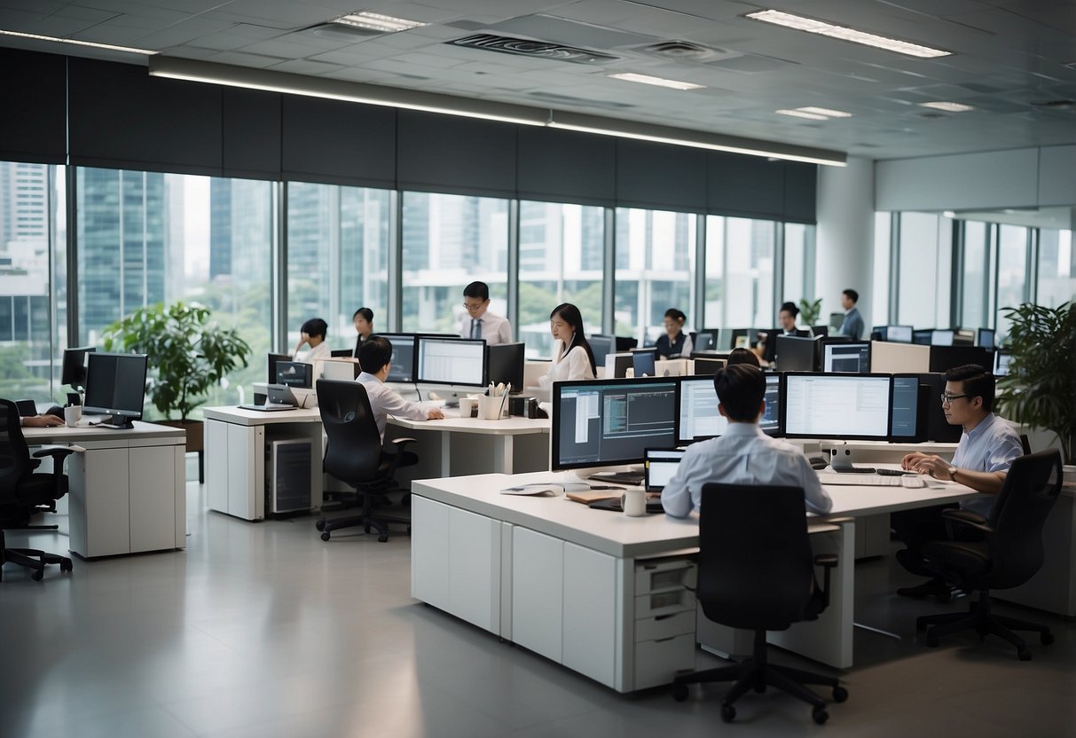 A bustling office with professionals collaborating, surrounded by technology and resources, representing Enterprise Development and Support in Spring Singapore