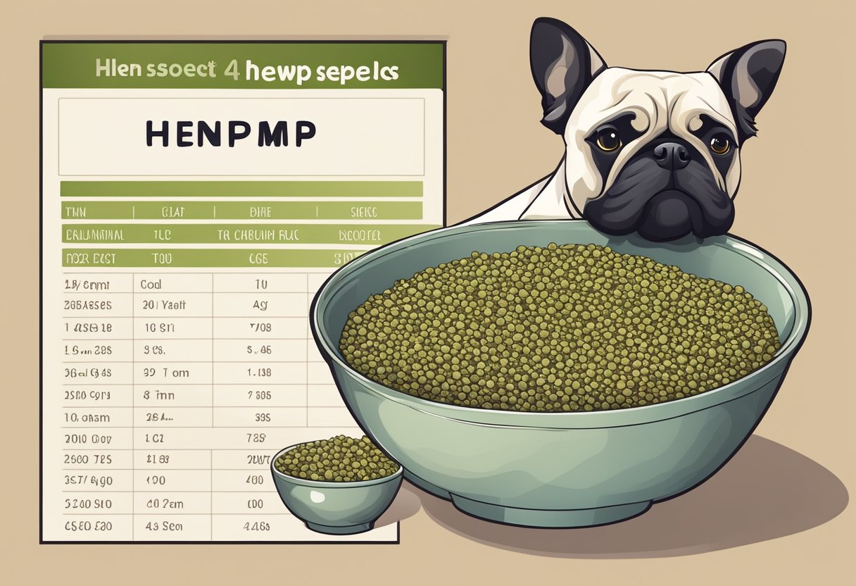 Hemp seeds and a dog bowl, with a nutritional chart in the background.