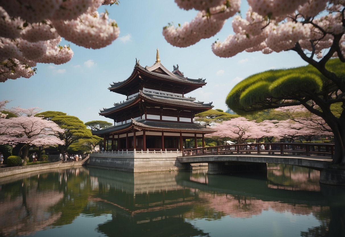 The Japanese Association in Singapore bustles with activity, adorned with traditional architecture and vibrant cherry blossom trees