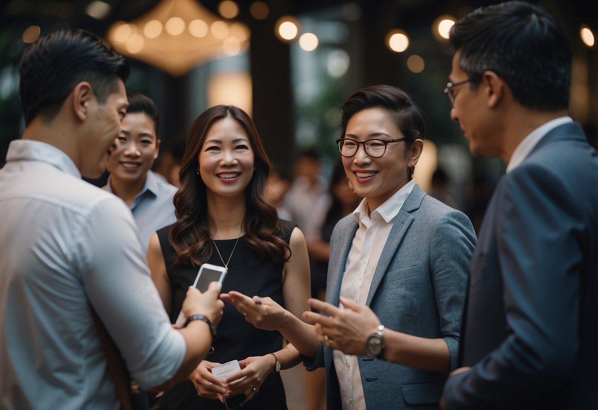 A group of professionals engage in lively discussions at a networking event in Singapore, exchanging business cards and sharing ideas