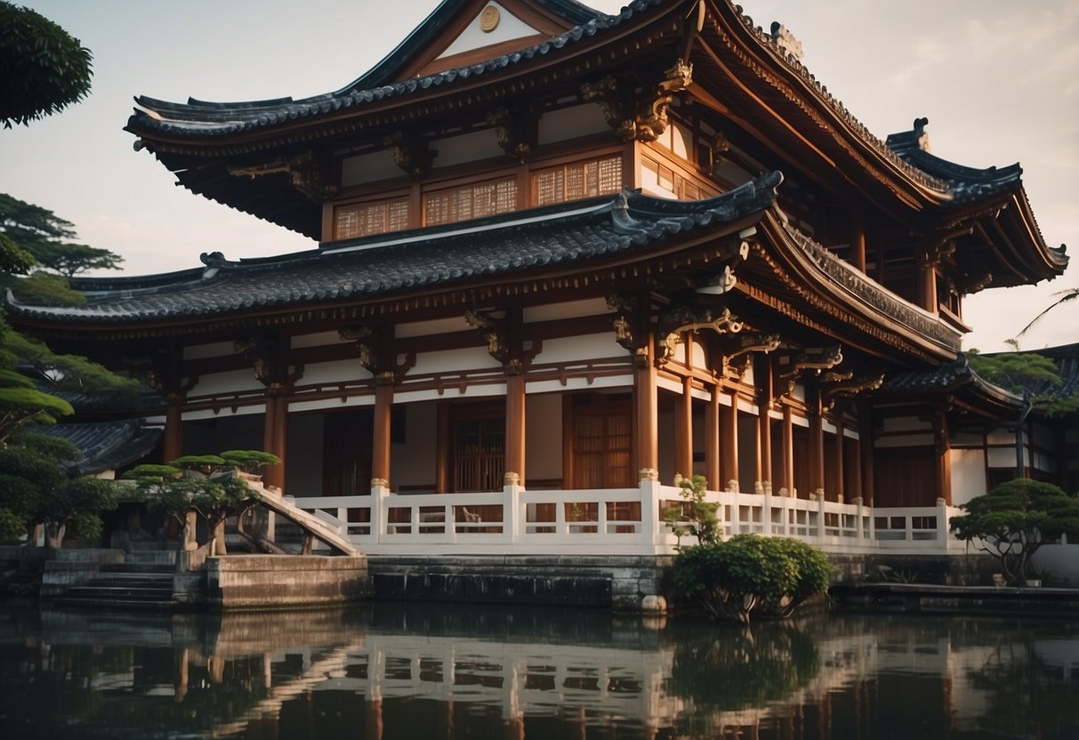 The Japanese Association Singapore's history and mission depicted through traditional architecture and cultural symbols