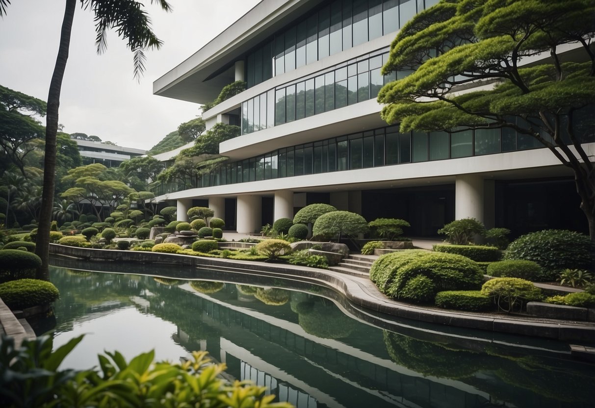 A modern building with Japanese architectural elements, surrounded by lush gardens and serene water features. A sign with the words "Japanese Association Singapore" is prominently displayed at the entrance