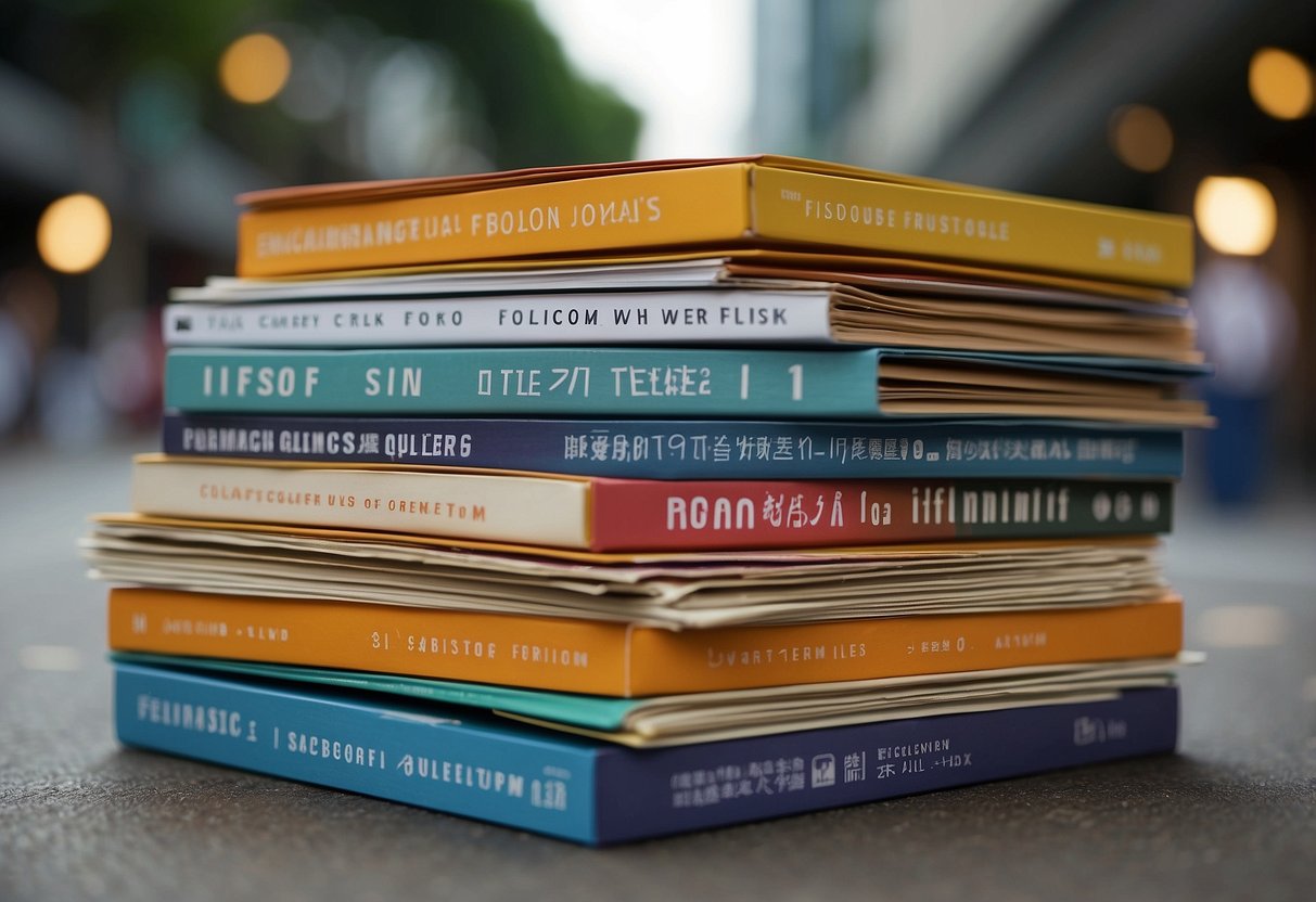 A stack of colorful brochures with "Frequently Asked Questions" on top, surrounded by a diverse group of people in a bustling Singapore street