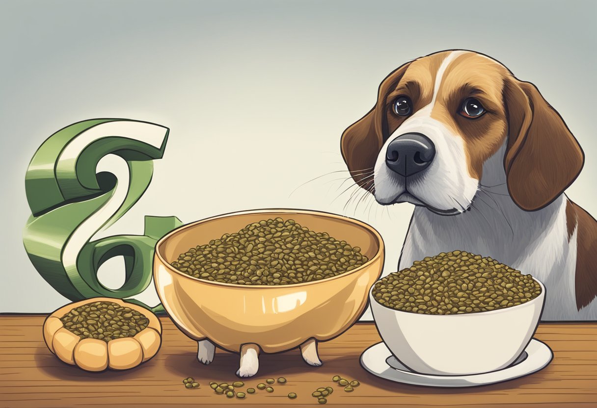 Hemp seeds, flax seeds, and pumpkin seeds sit on a table. A curious dog sniffs the seeds, while a question mark hovers above its head.