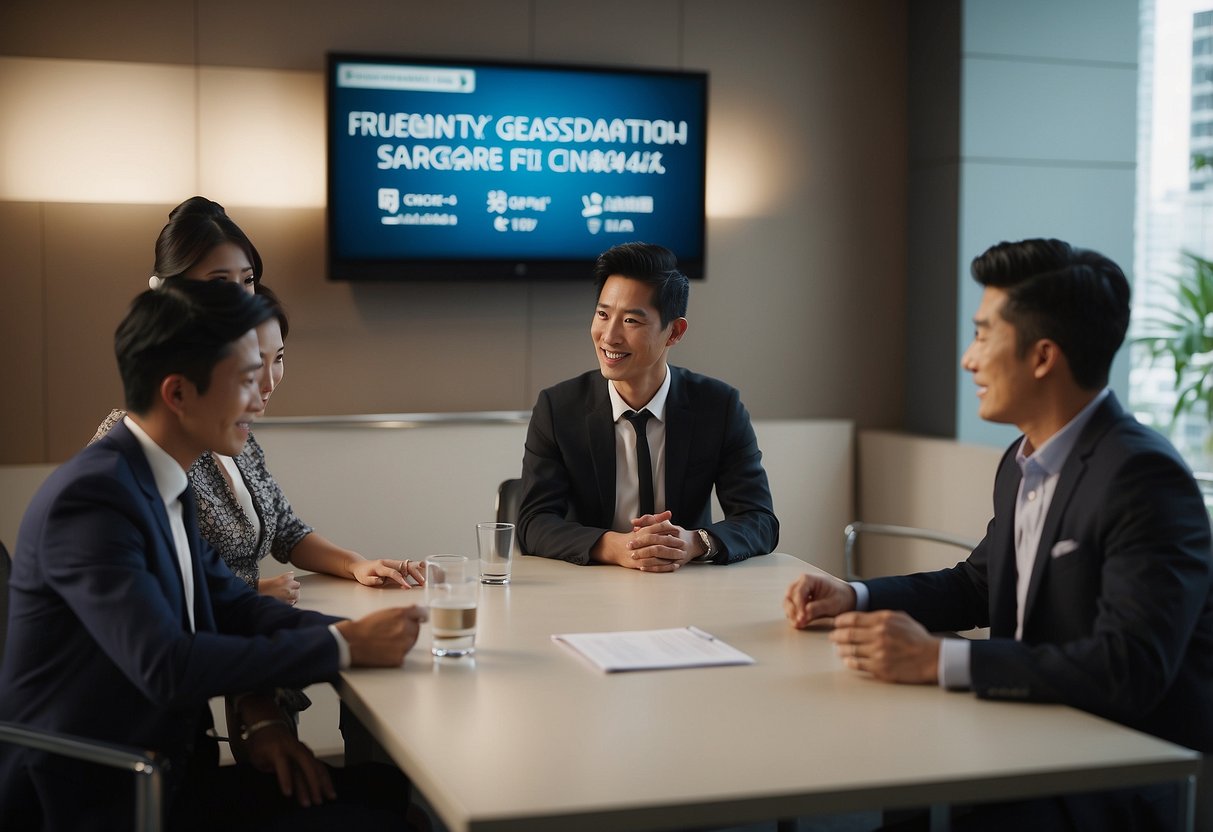 A group of people gathered around a table, discussing and exchanging information. A sign with the words "Frequently Asked Questions: The Japanese Association Singapore" is prominently displayed in the background