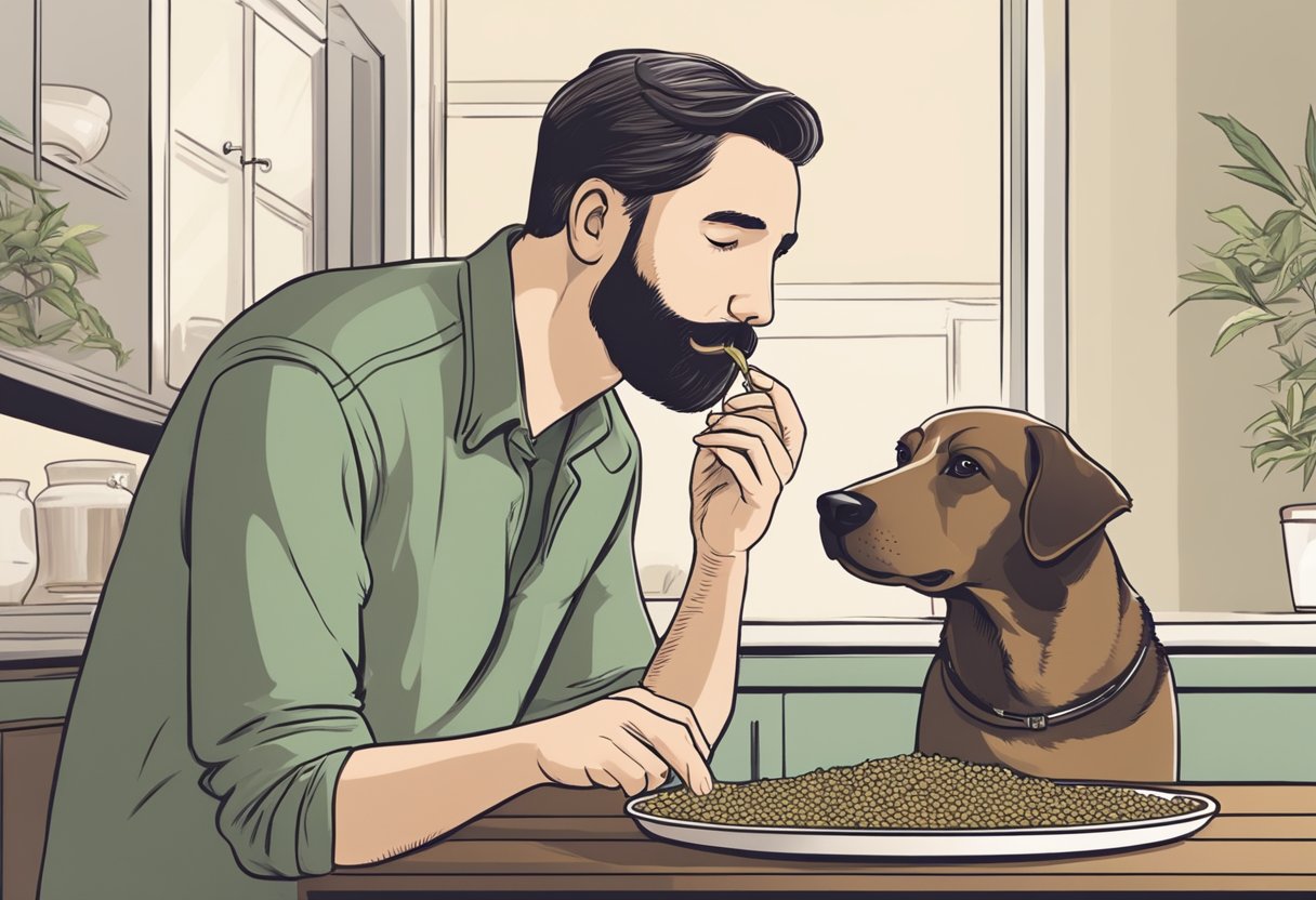 A dog eagerly sniffing a bowl of hemp seeds, while a concerned owner looks on from a distance, pondering the safety of feeding them to their pet.