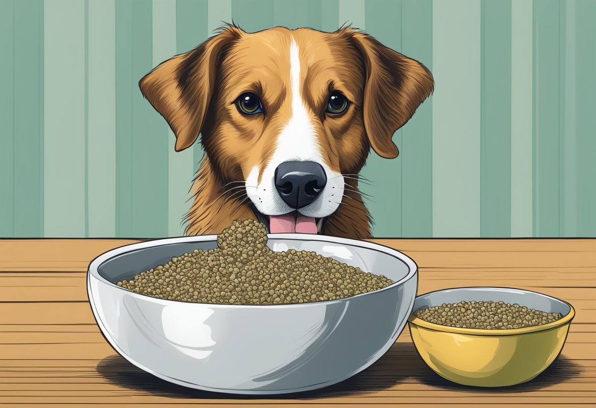 A dog eagerly eats from a bowl of food mixed with hemp seeds, wagging its tail in approval.
