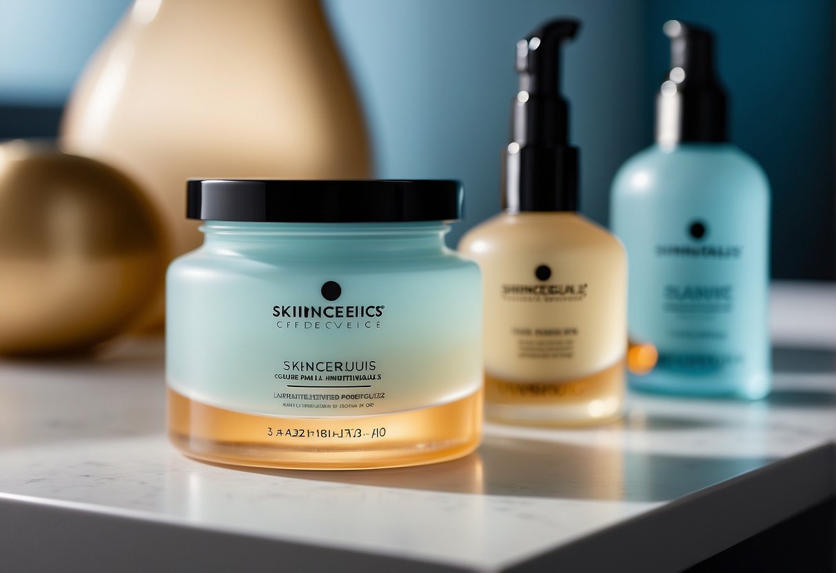 A table displays various Skinceuticals products in a well-lit room. Clean, modern packaging and branding are visible