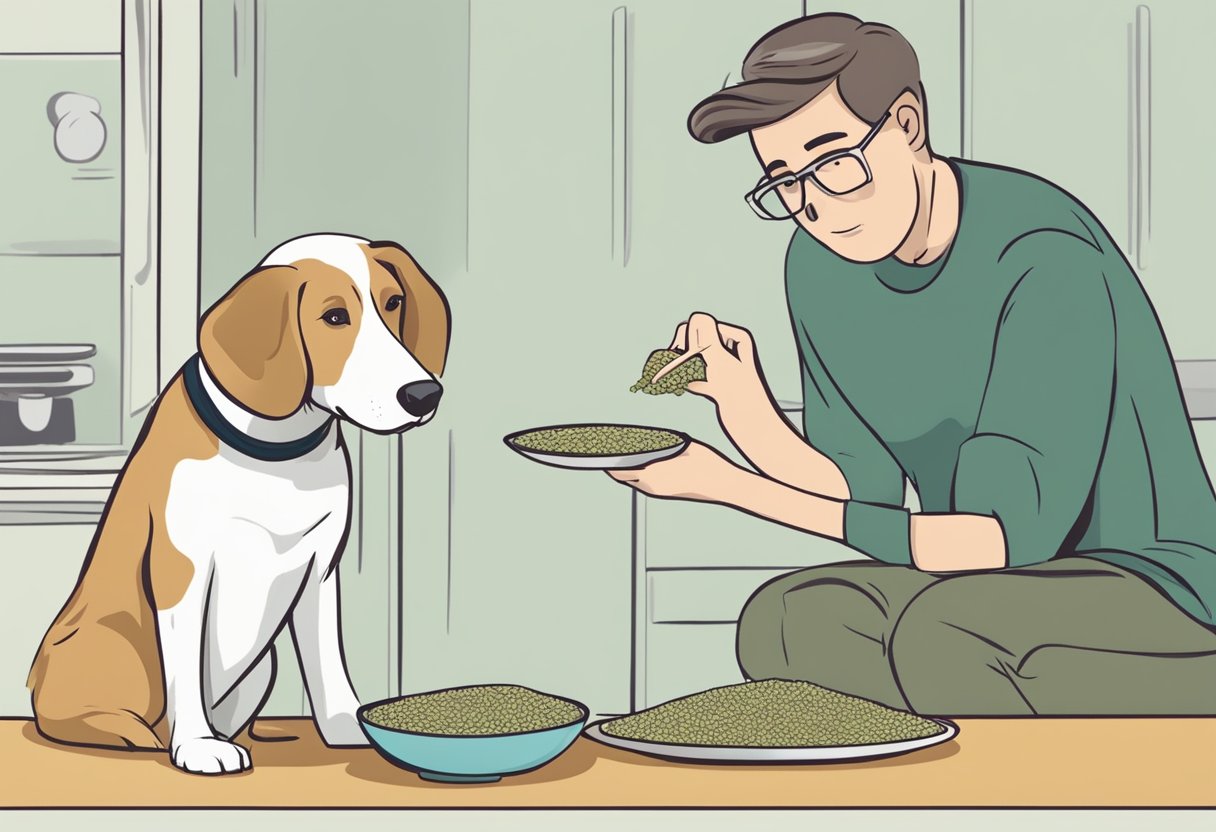 A dog eagerly sniffs a bowl of hemp seeds while a curious owner looks on. Text "FAQs About Hemp Seeds for Dogs Can Dogs Eat Hemp Seeds?" hovers above.