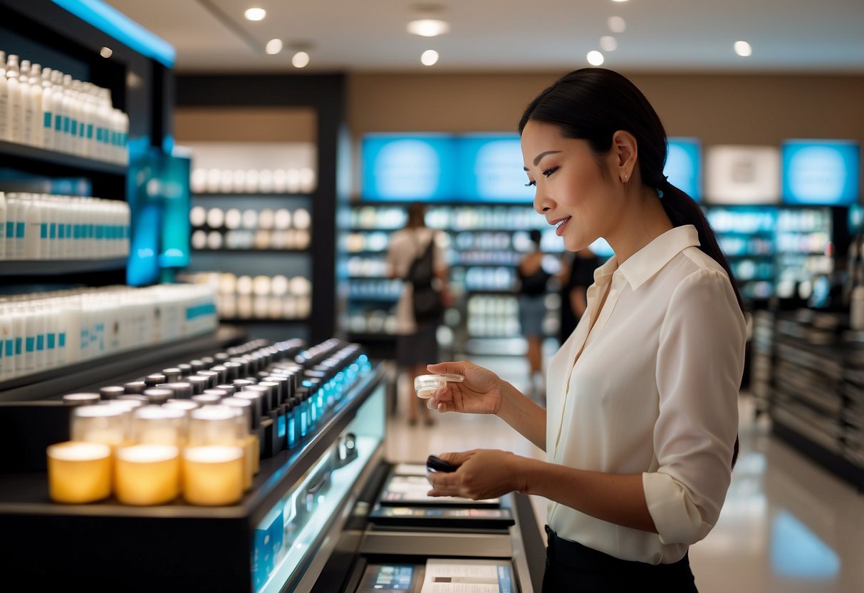 A customer browsing Skinceuticals products in a Singaporean store, selecting items, and making a purchase at the checkout counter