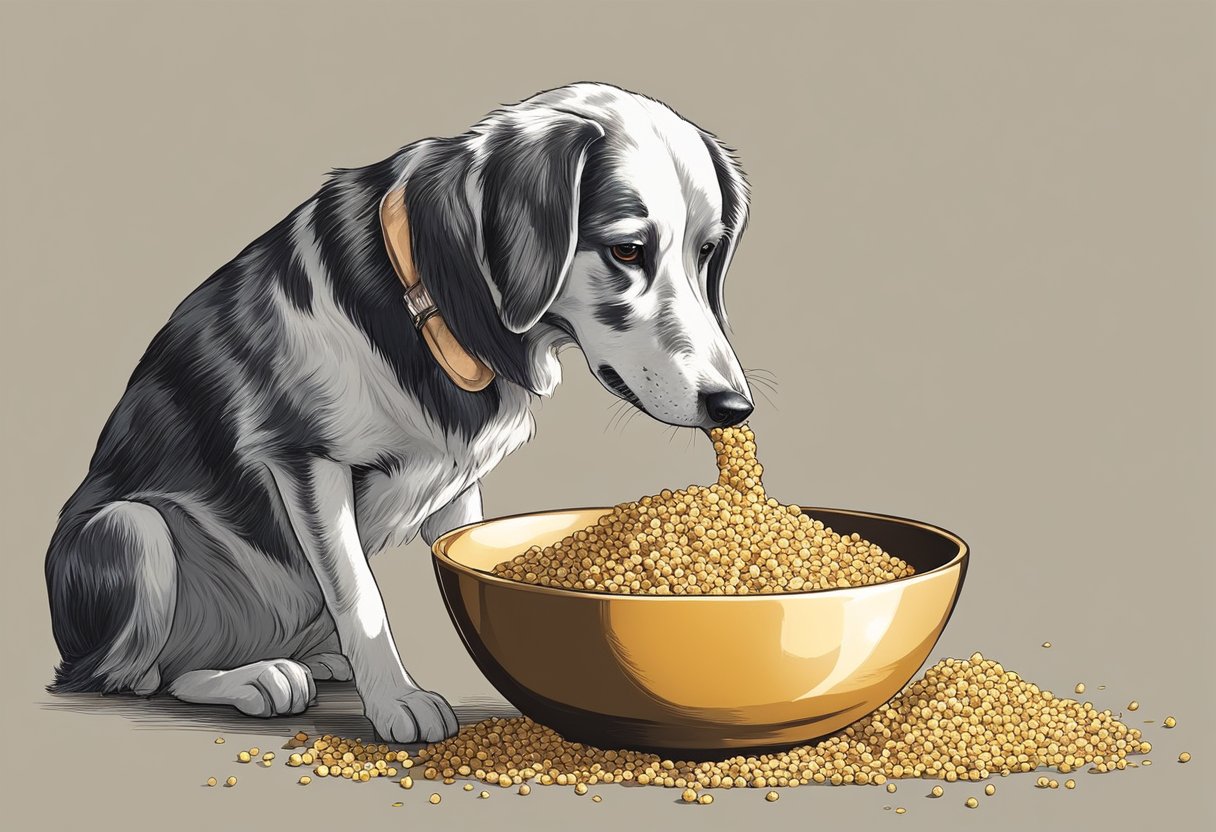 A dog eagerly munches on a bowl of millet, its tail wagging in delight. The millet is scattered around the dog, showing its enjoyment of the meal.