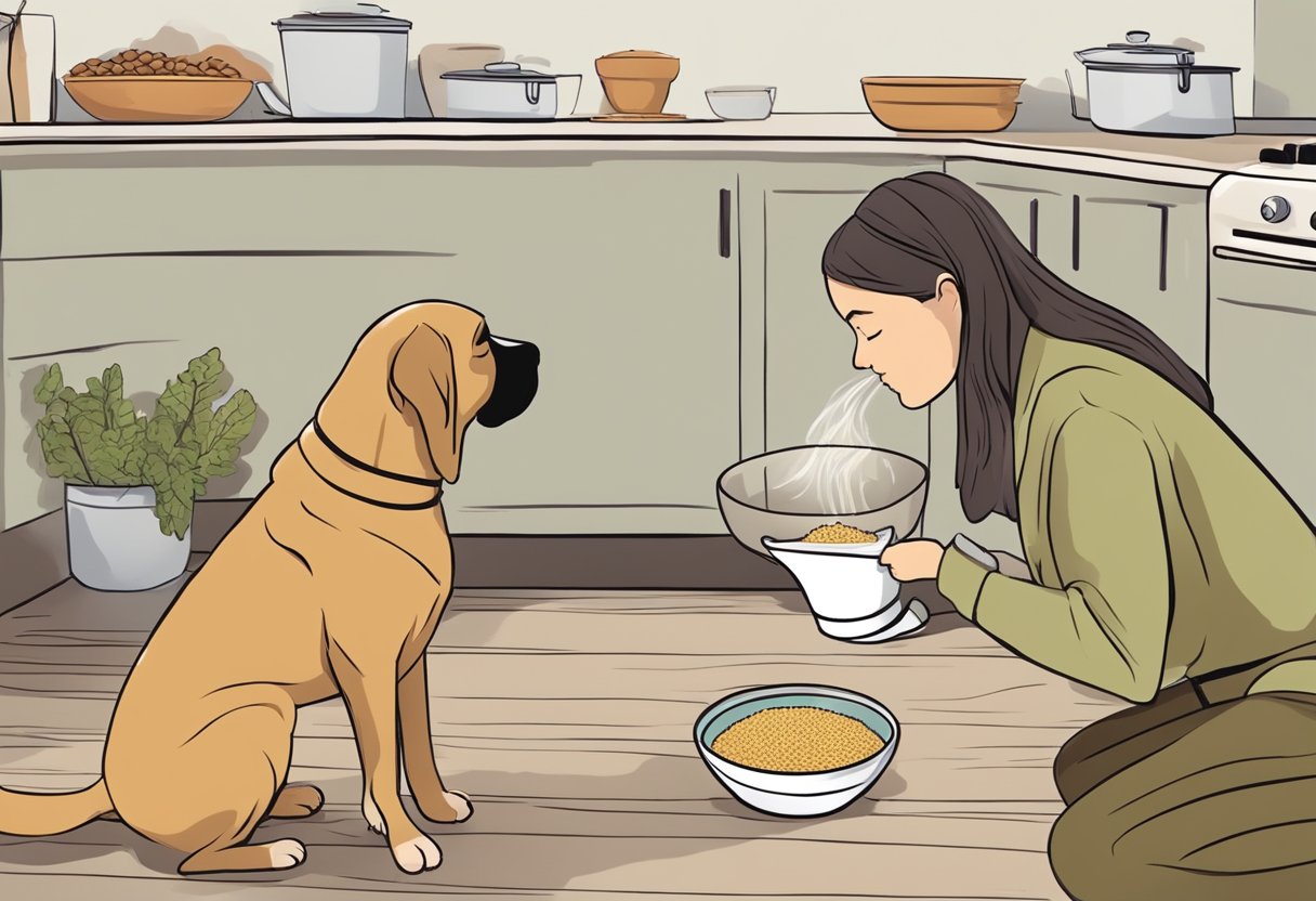 A dog eagerly sniffs a bowl of cooked millet, while its owner watches attentively, ready to intervene if the dog shows any signs of discomfort.