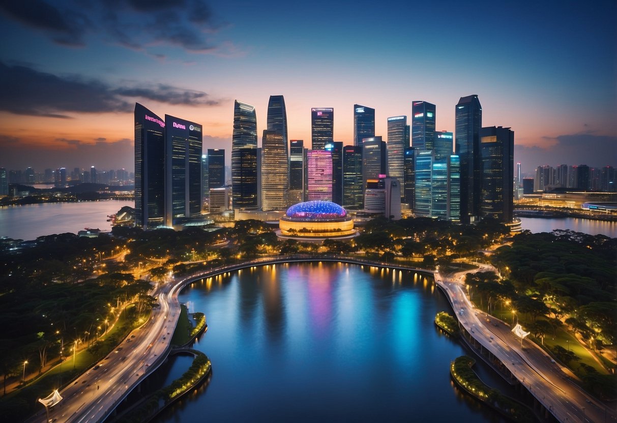 A colorful Singapore tourism voucher surrounded by iconic landmarks and attractions, with a vibrant city skyline in the background