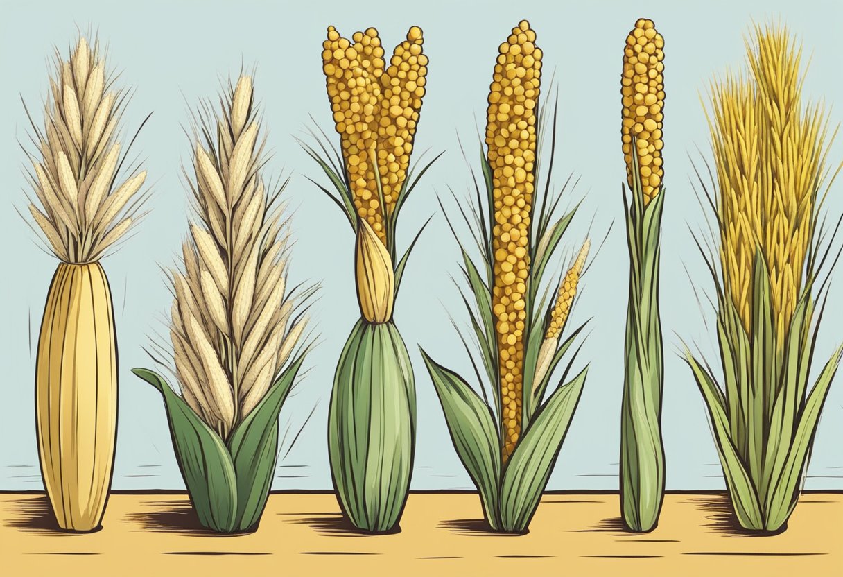 Various millet types arranged in a row. A curious dog sniffs at the grains. Canine-safe millet highlighted.