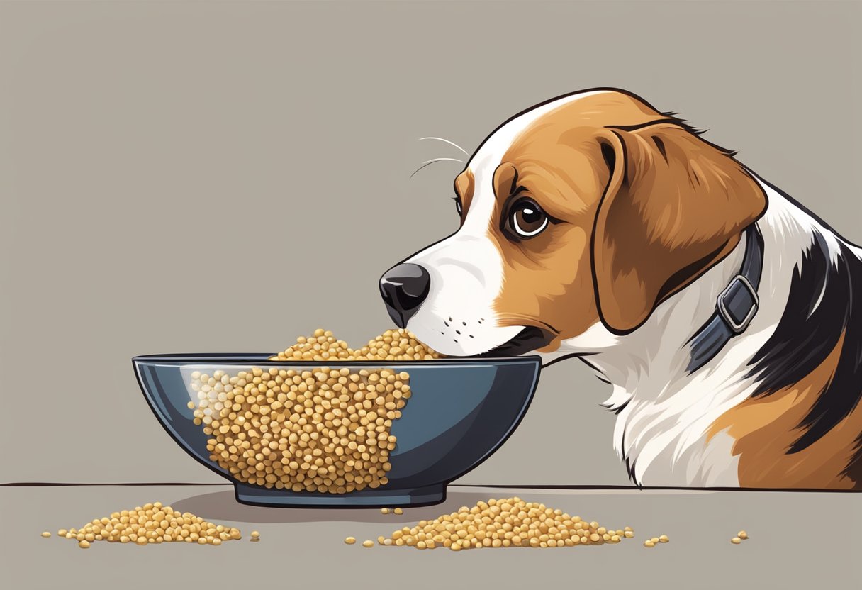 A dog eagerly eating millet from a bowl, with a curious expression and tail wagging.