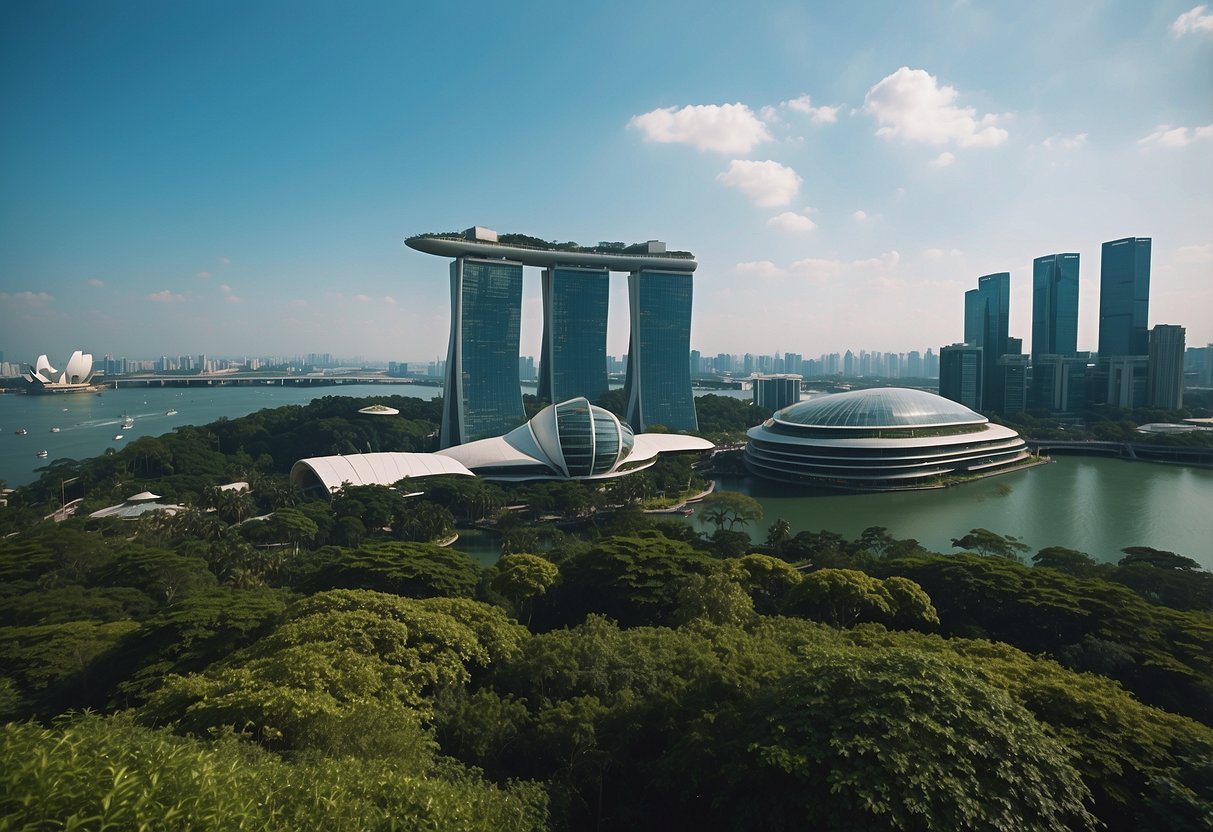 Lush greenery surrounds futuristic structures at Skypark Singapore. The iconic Marina Bay Sands hotel and the city skyline form a backdrop against the clear blue sky