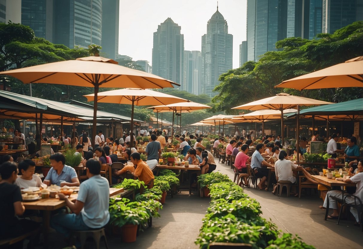 A bustling hawker center with colorful food stalls and tables filled with people enjoying their meals, surrounded by modern skyscrapers and lush greenery