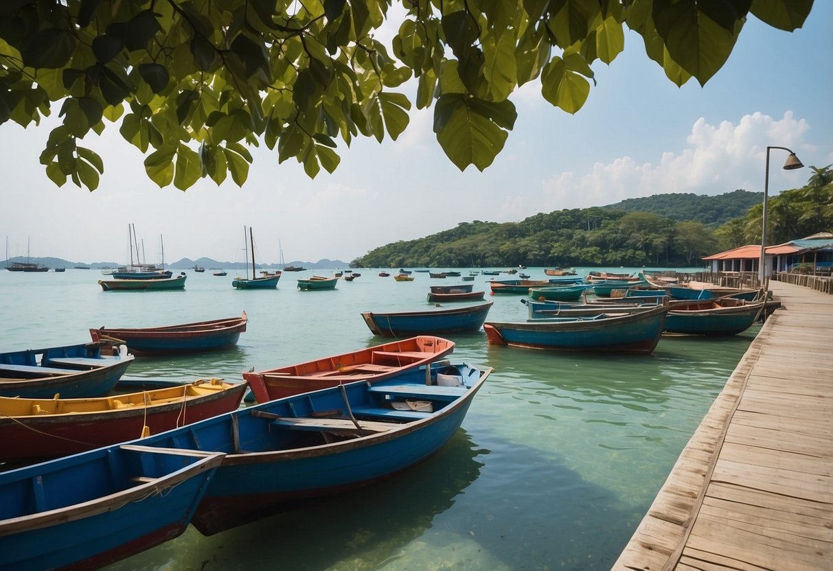 Sudong Island, Singapore: A serene landscape with lush greenery, clear blue waters, and colorful fishing boats dotting the coastline