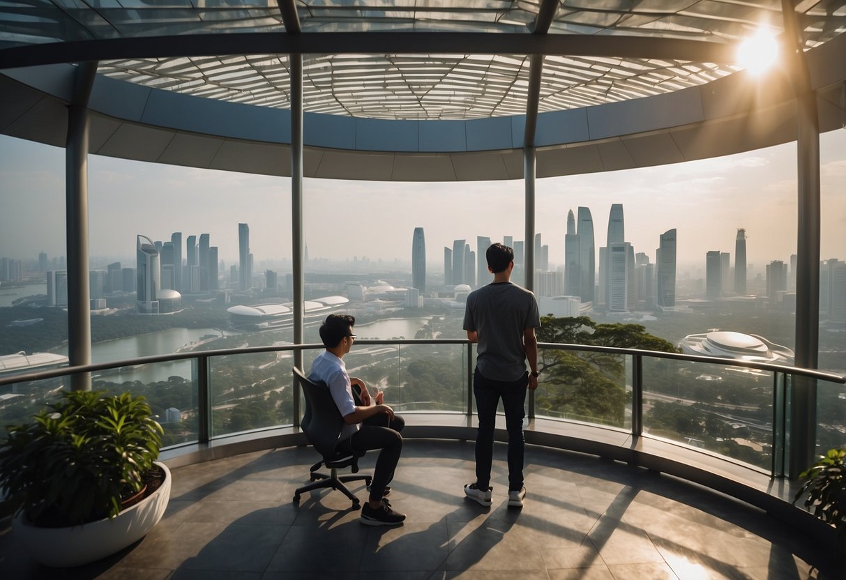 Visitors enjoy panoramic views of Singapore skyline from Skypark Observation Deck. Sunlight illuminates the city's iconic landmarks and bustling streets below