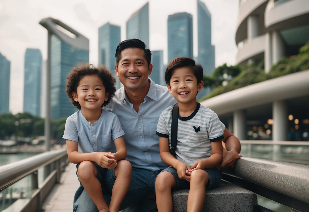 A family happily exploring iconic Singapore landmarks using their tourism voucher benefits