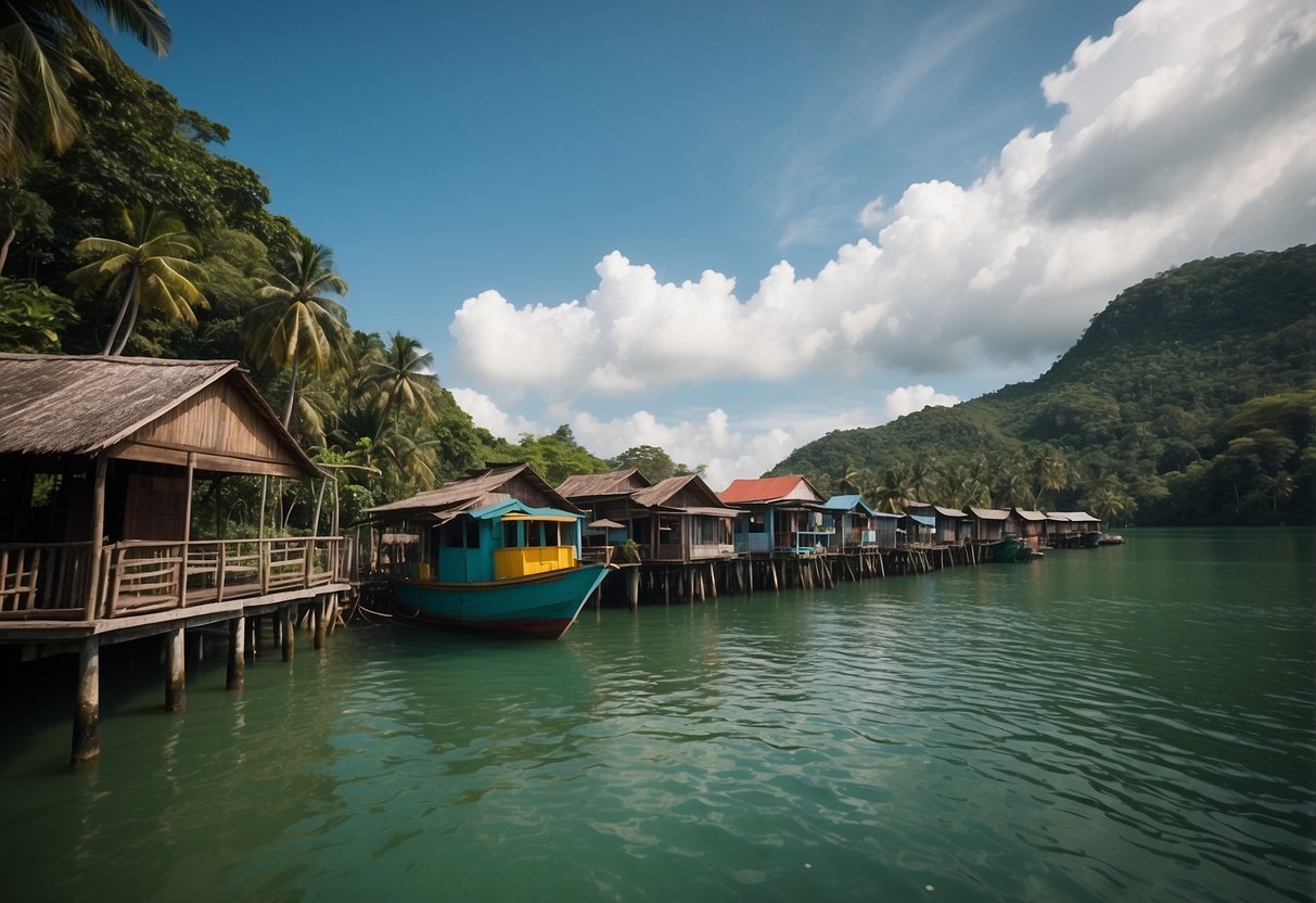 Lush greenery surrounds the tranquil Sudong Island, with traditional Malay kampong houses dotting the landscape. A ferry docks at the rustic jetty, while fishermen cast their nets into the shimmering waters
