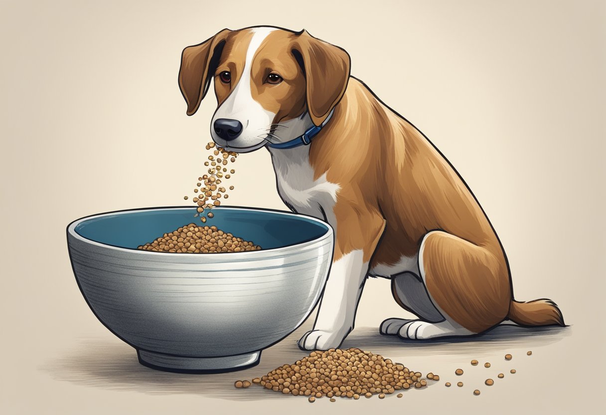 A dog eagerly eats teff from a bowl, wagging its tail.