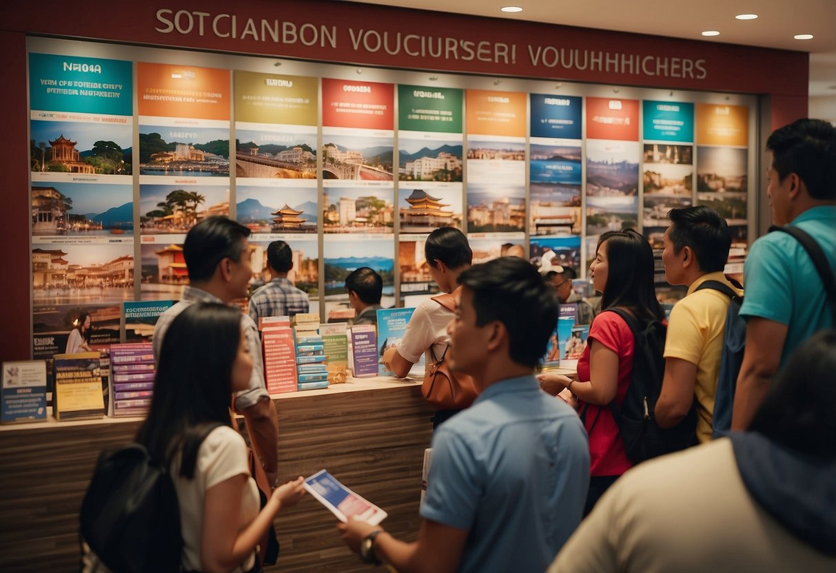 A group of tourists redeeming Singapore tourism vouchers at a bustling information center, surrounded by colorful brochures and excited chatter