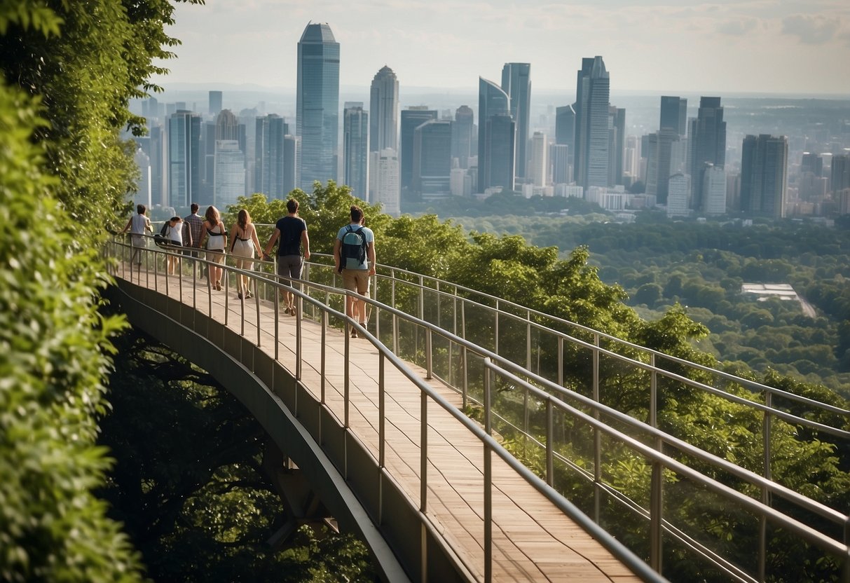 People walking on the treetop walkway, surrounded by lush greenery and unique structures, with the city skyline in the background