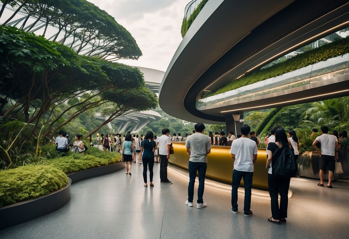 Visitors line up at the information kiosk, while others explore the lush greenery and futuristic architecture of the Skypark in Singapore