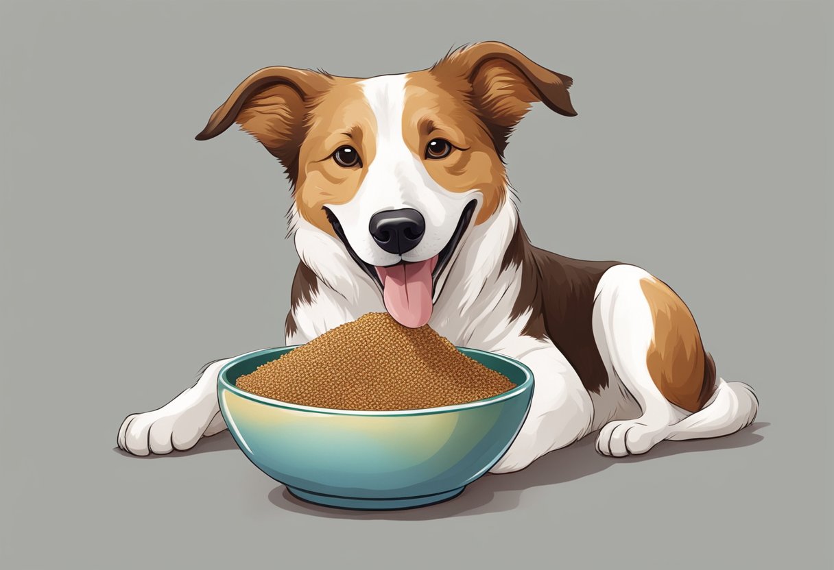 A happy dog eating teff from a bowl.