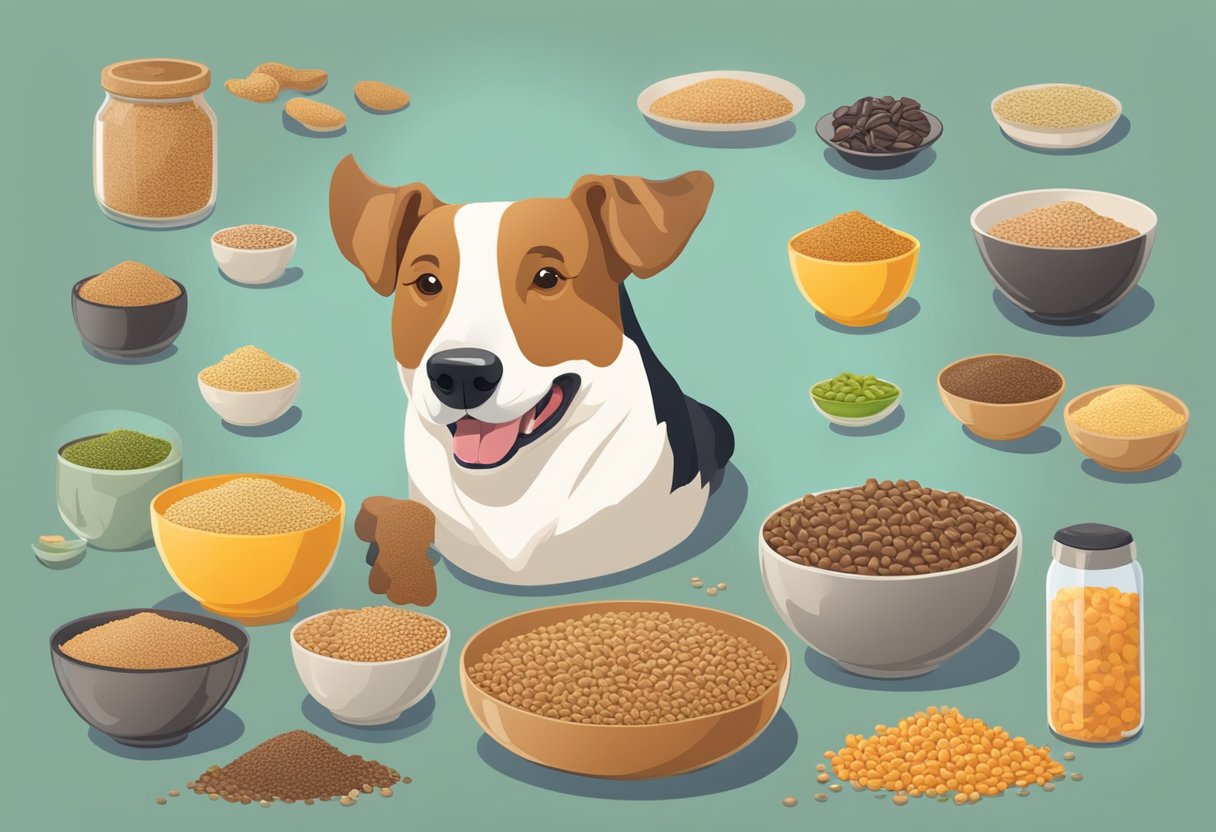 A happy dog with a shiny coat eating teff from a bowl, surrounded by various healthy dog food options.