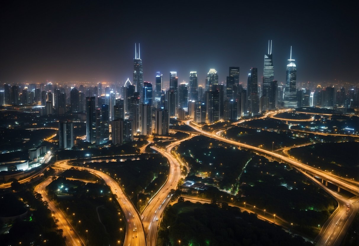 A bustling cityscape with modern skyscrapers, lush greenery, and a network of bustling streets and highways, all under the vibrant glow of city lights