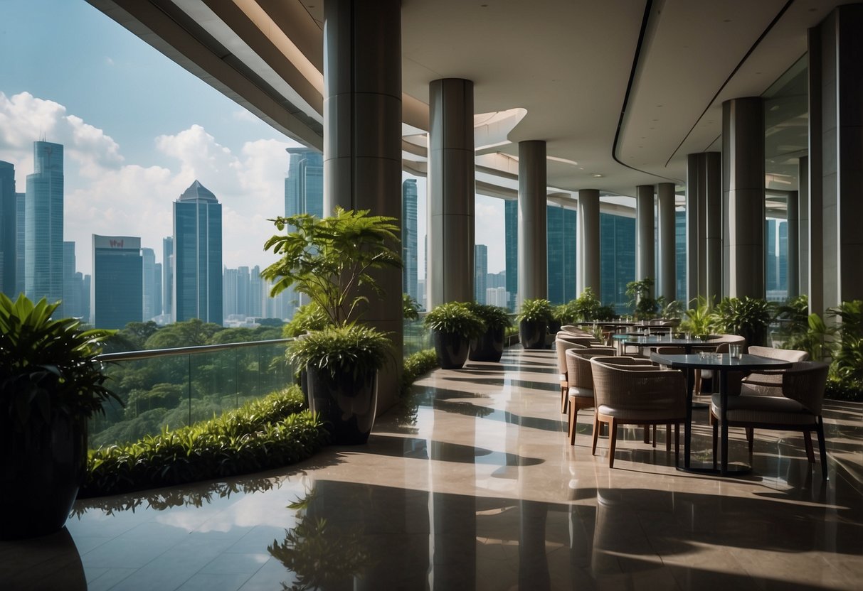 The Westin Hotel Singapore, with its sleek, modern architecture, overlooks the city skyline and is surrounded by lush greenery