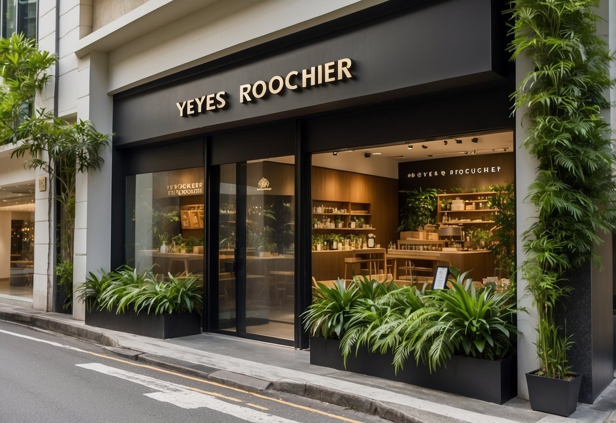 A storefront of Yves Rocher Singapore, with a prominent logo and lush greenery, inviting customers inside