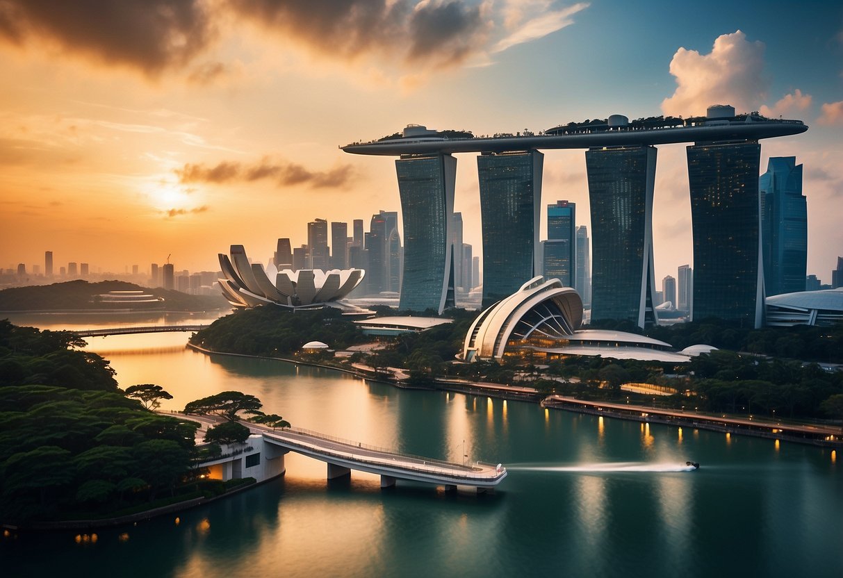 A vibrant cityscape of Singapore with iconic landmarks and a prominent "tourism voucher" displayed in the foreground