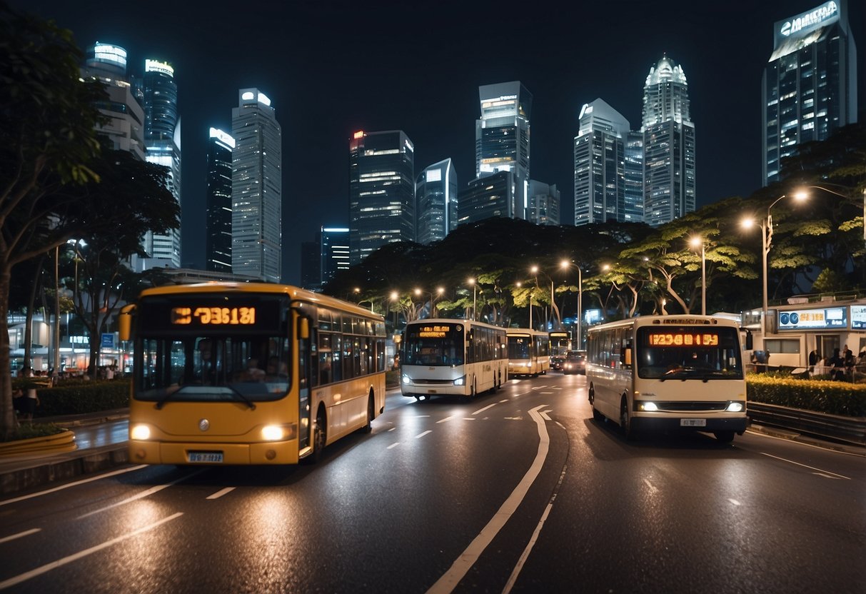 A bustling city street in Singapore, with cars and buses navigating through traffic. The iconic VEP gantry stands prominently, with the city skyline in the background
