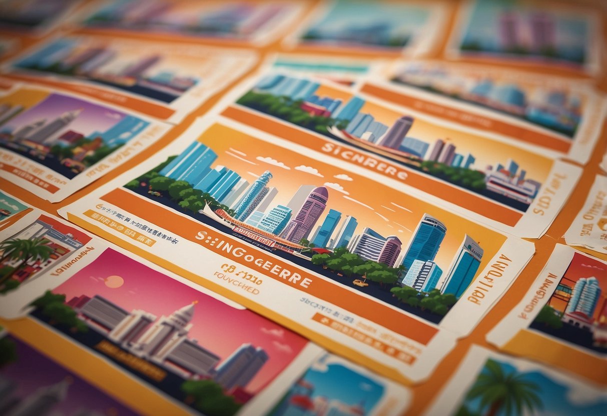 A colorful illustration of iconic Singapore landmarks with "Singaporediscovers Vouchers" prominently displayed, surrounded by happy tourists exploring the city's attractions