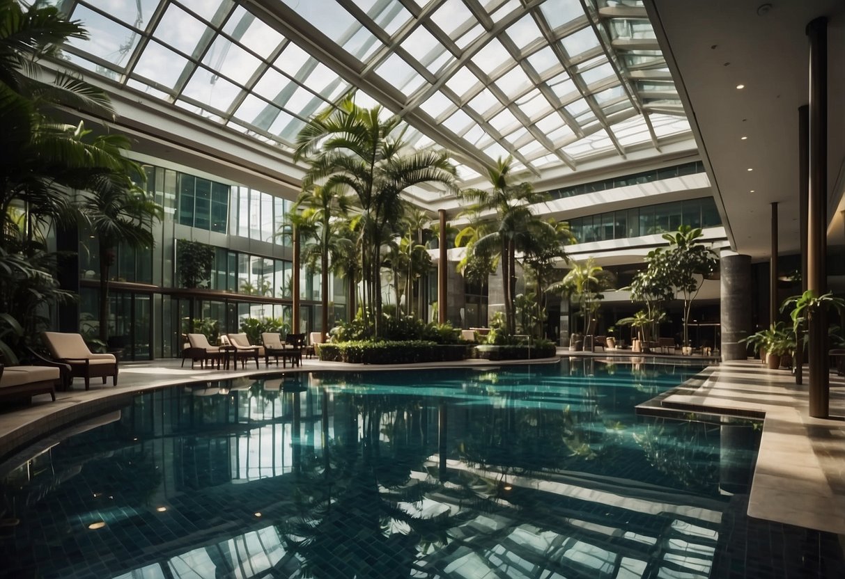 The luxurious Westin Hotel in Singapore showcases a grand lobby with modern furnishings and a serene pool area with lush greenery