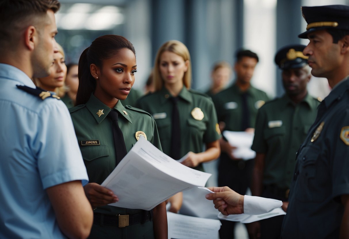 A stern figure in a uniform inspects a document, while a group of people wait nervously in line. The atmosphere is tense and serious