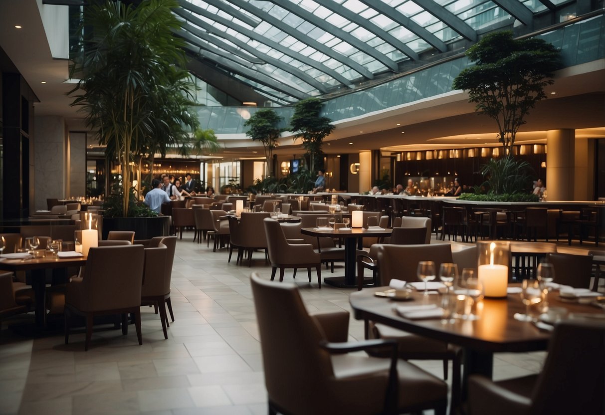 Guests dining and relaxing at the Westin Hotel in Singapore. Tables set with food and drinks, people chatting and enjoying the ambiance